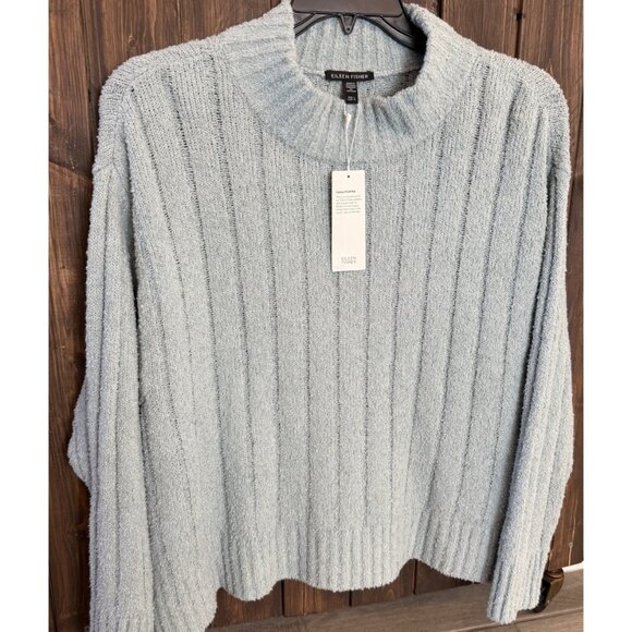 Eileen Fisher LARGE FROST Organic Cotton/Cashmere Fluffy Rib Turtleneck Sweater - Picture 1 of 12